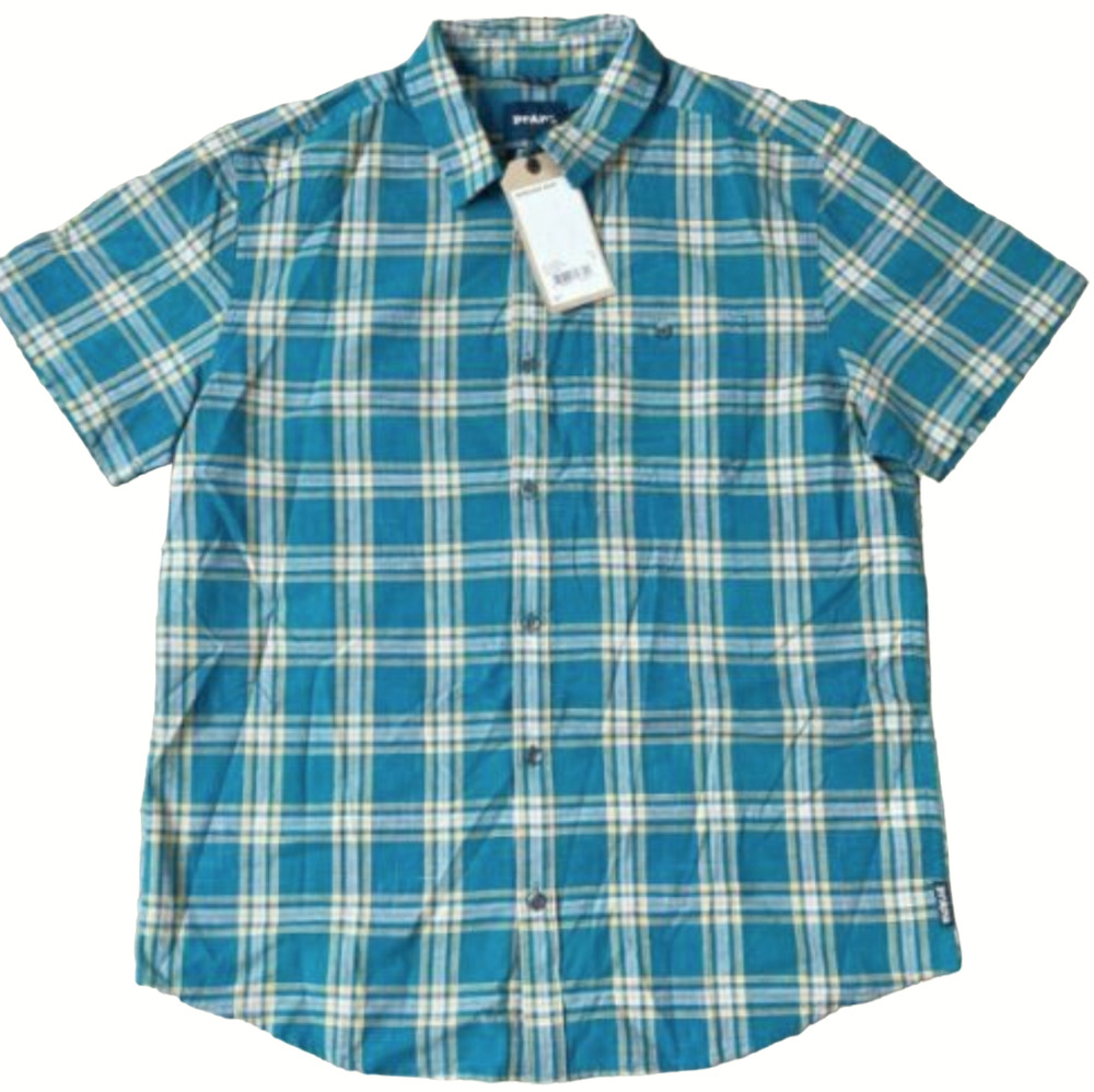 NEW prAna CAPE VERDE WOODSIDE PLAID SHORT SLEEVE BUTTON UP SHIRT SIZE MEDIUM